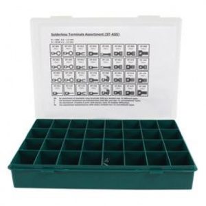 Kabelschoen verzamelbox met 640 geisoleerde kabelschoenenen van 1,5 – 6 qmm rood, blauw en geel