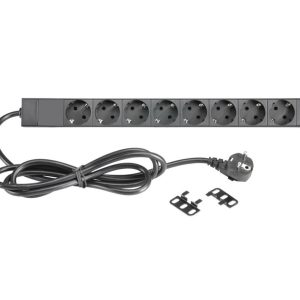 19″ 1HE 8 voudige Schuko verdeeldoos met schakelaar en 2x USB 1000mA uitgang