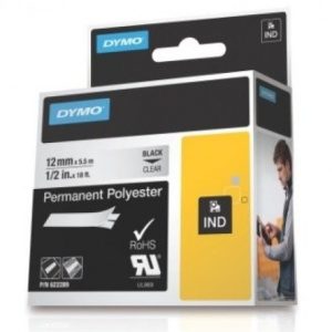 Dymo Rhino polyester tape zwart op transparant 9mm x 5,5m 18508