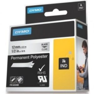 Dymo Rhino polyester tape zwart op transparant 12mm x 5,5m 622289