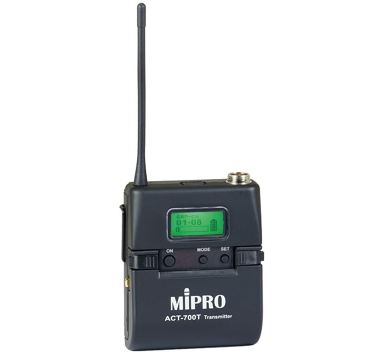 Mipro ACT-700T oplaadbaar breedband bodypack zender met mini XLR connector, metalen behuizing, LCD display, 72MHz 10mW/50mW
